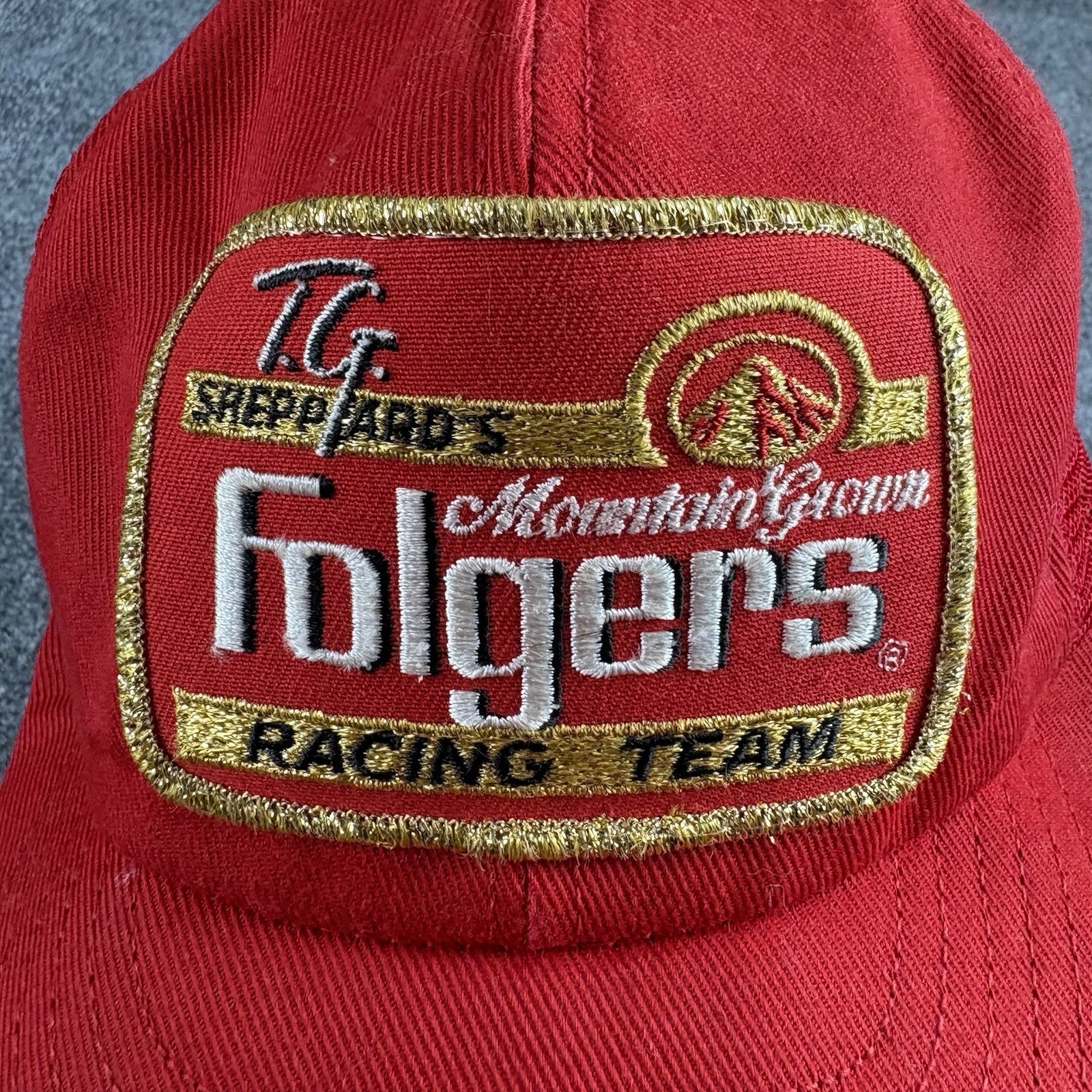 Vtg 80s Folgers Mountain Grown Racing Team Red Trucker Hat Mesh Snapback Trucker